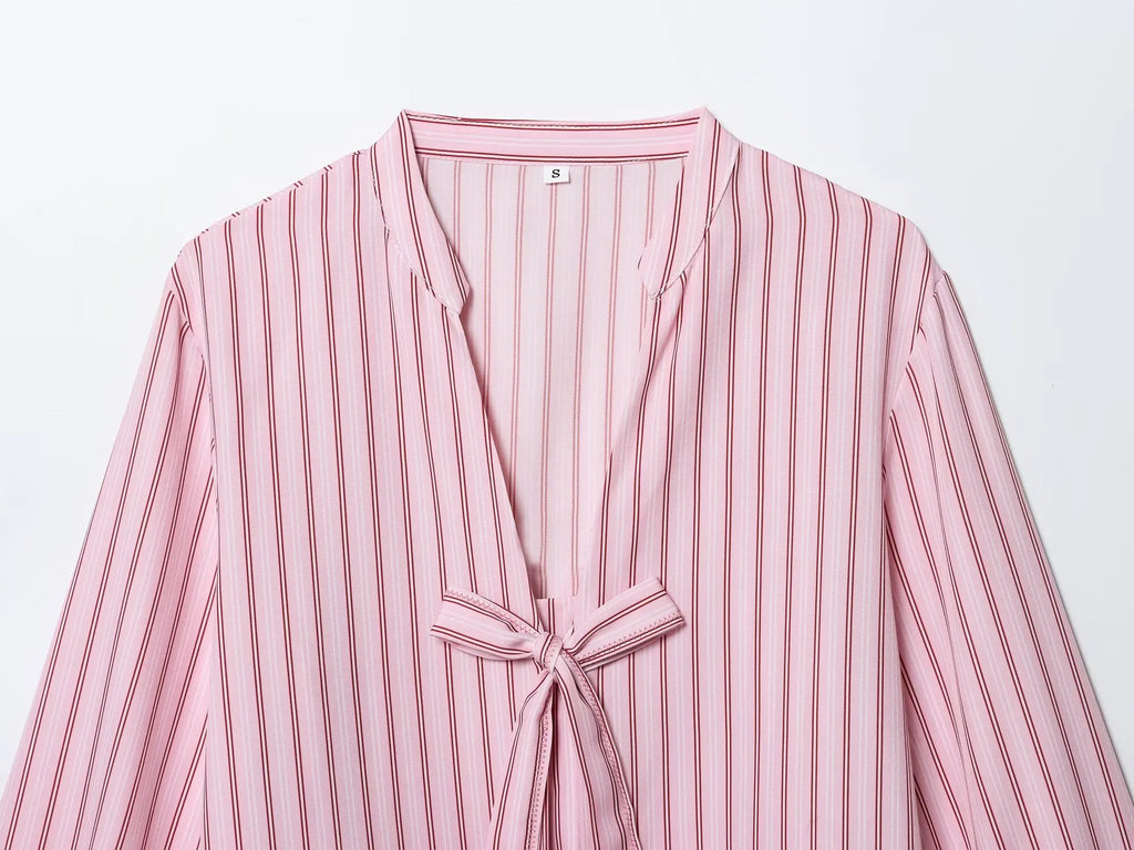 Women Striped Printed Lace-Up Shirt With Bow New Puff Long Sleeves V-Neck Hollow Out Blouses Sweet Ladies Fashion Tops