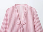 Women Striped Printed Lace-Up Shirt With Bow New Puff Long Sleeves V-Neck Hollow Out Blouses Sweet Ladies Fashion Tops