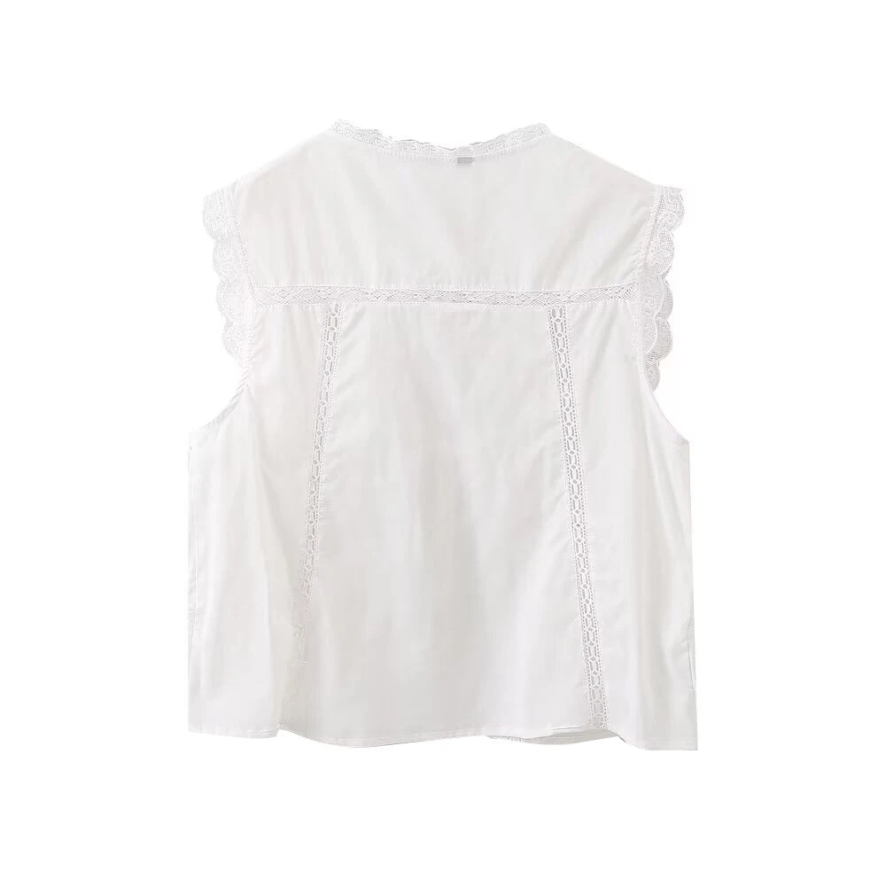 Women's Lace Embroidery Blouses, O Neck, Sleeveless, Front Tied, Female Shirts, Chic Tops, Fashion