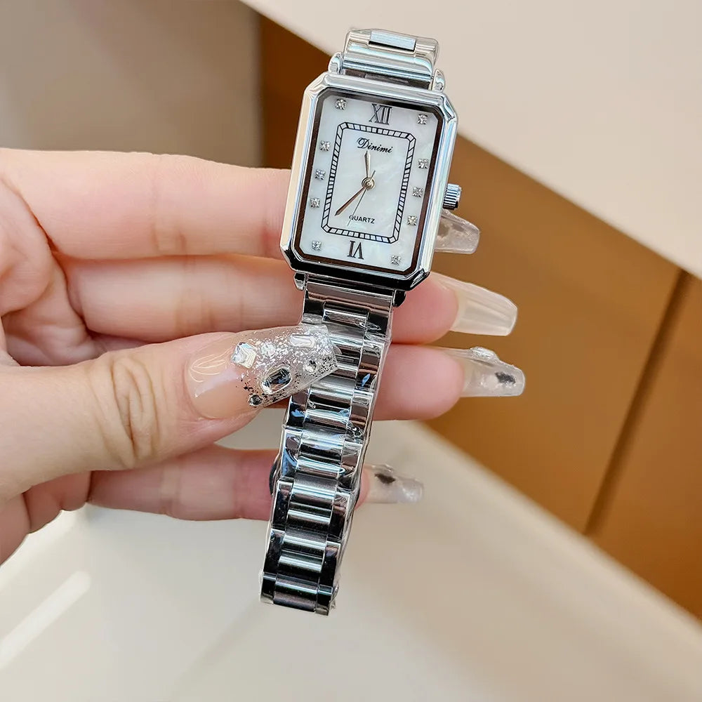 Vintage watches with female personality, niche design, square diamond studded steel strip, quartz watch for women