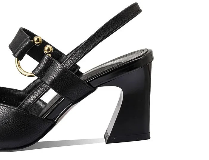 Sandals for Woman Summer 2024 High Heels One Word Women's Shoes Leather Pointed Toe Buckles Thick Heel Medium Footwear Comfort F