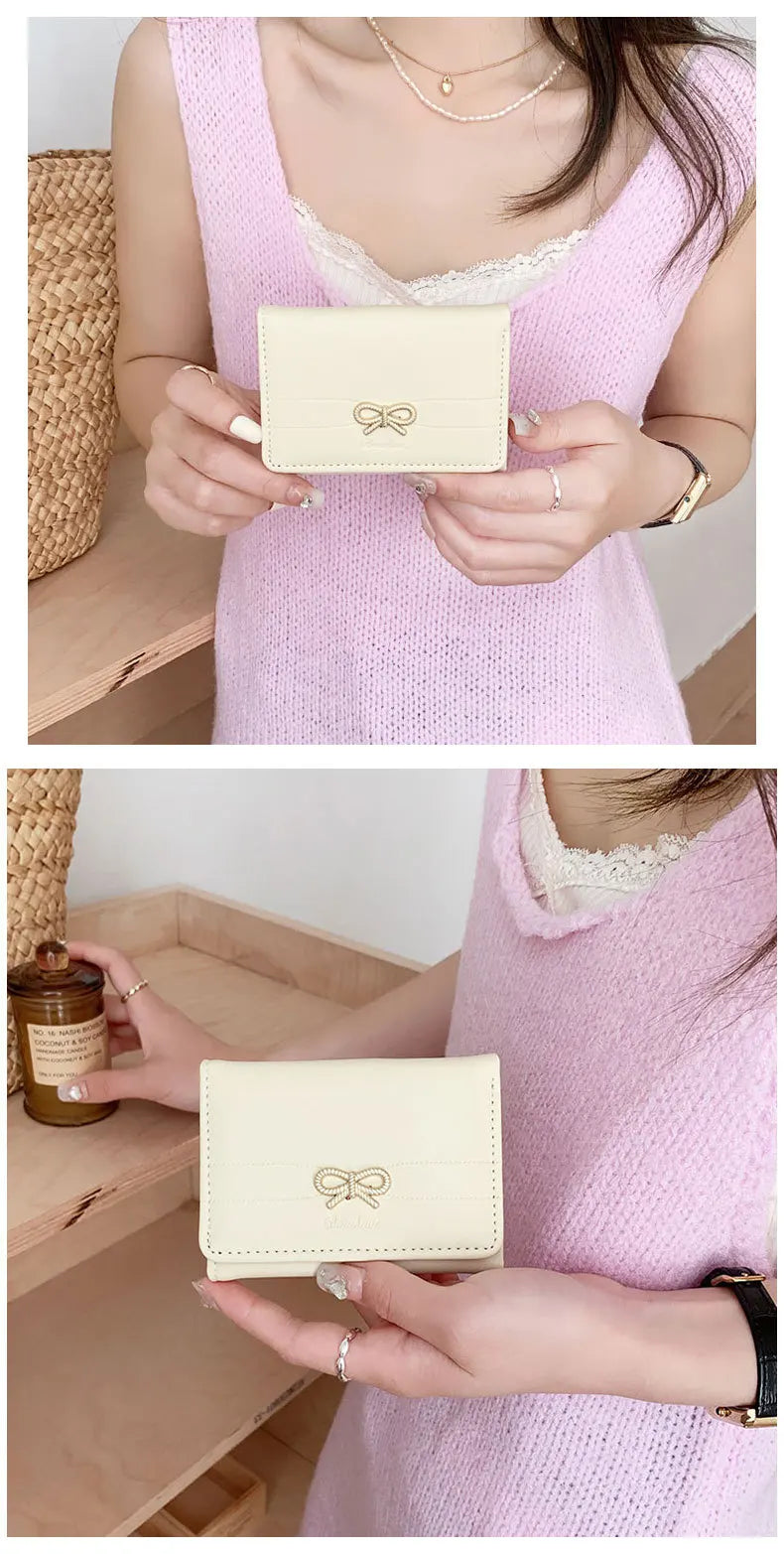Fashion Wallets Girls Cute Bow Small Wallet Aesthetic Card Holder Classic Three Fold Purse For Women Student Simple Coin Pouch