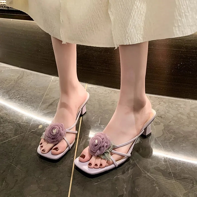 Slippers Women's Sandals Woman Summer 2024 Sweet Flowers Fashion Designer Slides Elegant Party Dress Medium Heel Footwear New In