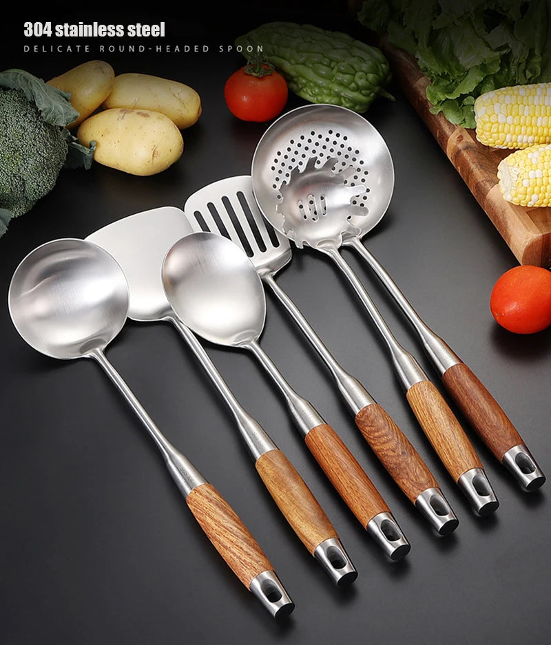 Kitchen Utensil Set 7 Piece 304 Stainless Steel Cookware Set Rosewood Handle Spatula Household Cooking Baking Tools