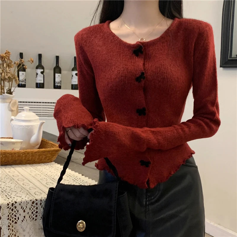 2025 Women's Ruched Long Sleeve Cropped Cardigan V Neck Button Down Knit Lady Autumn Winter Knitted Single Breasted Sweaters