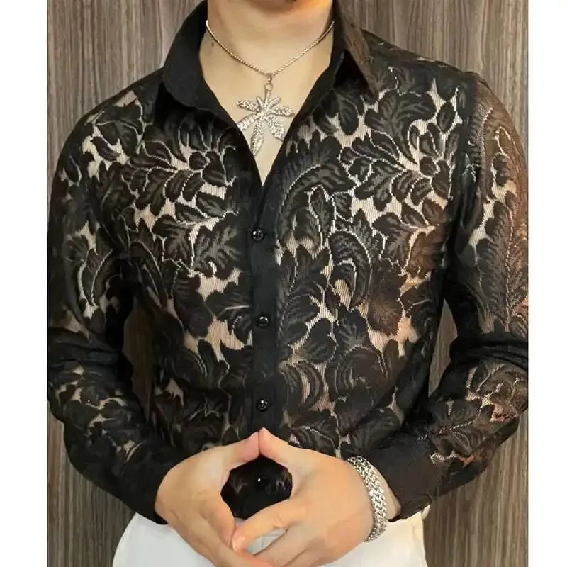 Men's Slim Fit Shirt Spring Transparent Long Sleeved Shirt Men Nightclub Sexy Casual Social Party Shirt