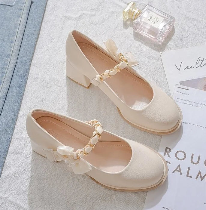 High Heels Shoes for Woman 2024 Pumps Square Toe Gothic Women's Summer Footwear Mary Jane Japanese Style Lolita with Bow White A