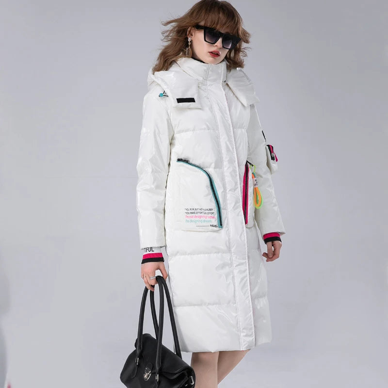 Winter Clothing Glossy Waterproof Coat Women Long 90% White Duck Down Coat Thick  Loose Outerwear Warm Down Jacket Hooded Parkas