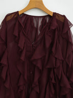 HH Women Ruffles Tierred Thin Blouses Solid Elegant Woman V Neck Long Sleeve Shirt 2025 Fashion High Street Lady Chic Tops