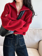 Autumn Winter  Zipper Sweaters Women Solid Color High Neck Knitted Pullover Solid Red Loose Turndown Collar Women's Turtleneck