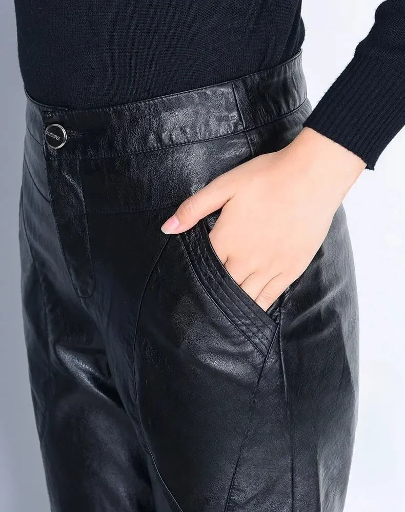 Pants for Women High Waist PU Leather Harem Woman Trousers Aesthetic One Size Classic Autumn Trends 2025 90s Outfits Clothing G