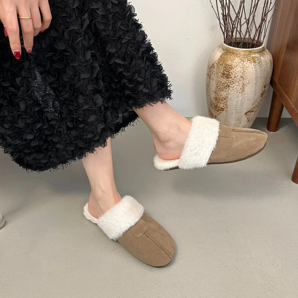 Fur Flats Women Cotton Slippers Fashion Warm Shoes Winter Short Plush Designer Cozy Woman Boots 2025 New Dress Mujer De Boots