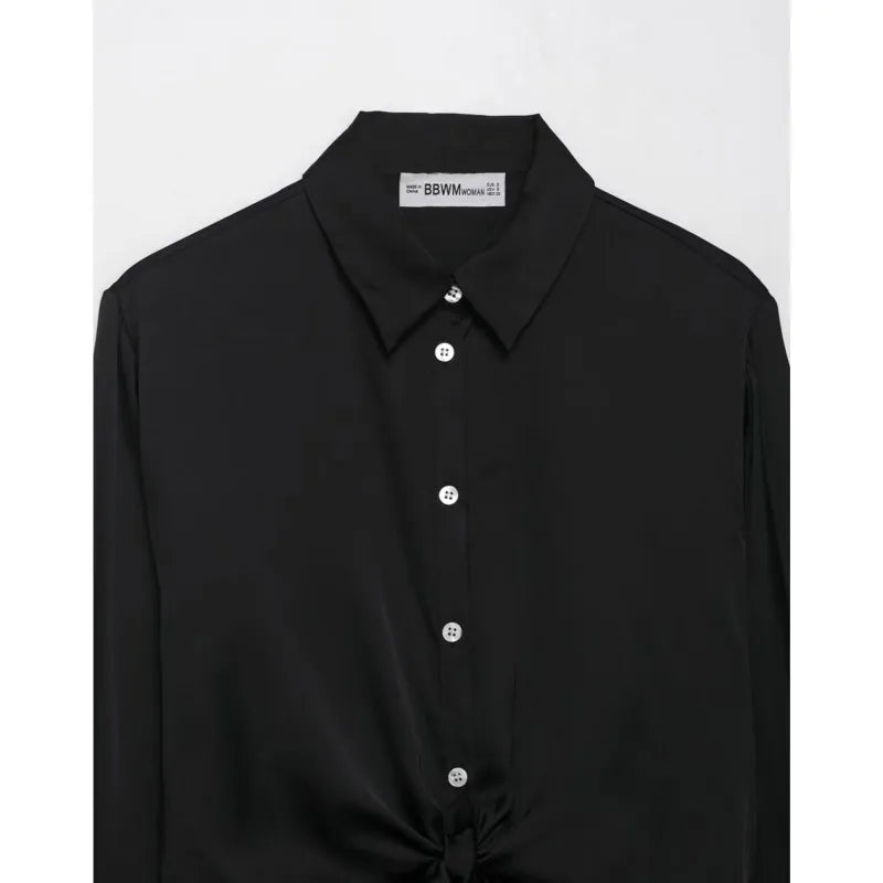 Women Satin Knot Shirt Autumn Women's Long Sleeves Women's Shirts Simple Female Button Shirts & Blouses