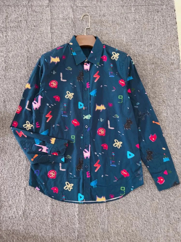 Original Spanish men's shirt with printed embroidery, designer style, light luxury, casual and loose fitting shirt