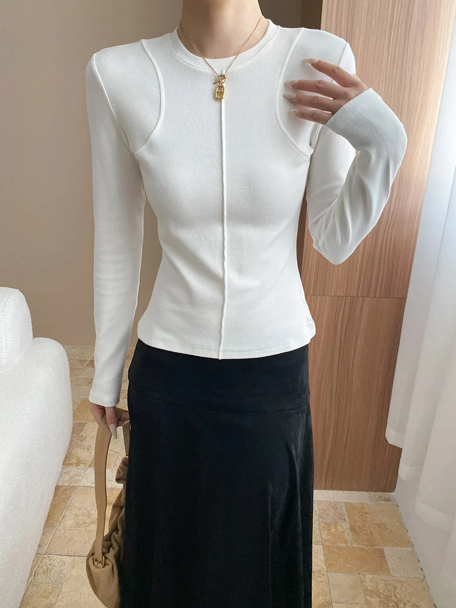 Women's casual stitching slim fit shoulder slimming base long sleeved T-shirt
