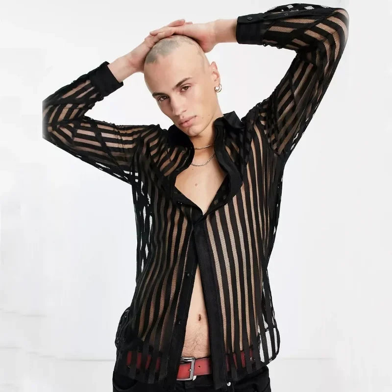 Mens Shirt Perspective Sexy  Large Print Long Sleeved Loose Casual Floral Shirt for Men