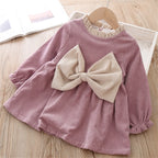 Winter Baby Girl Fleece Dress Bow Soft Standing Neck Solid Color Thickened And Warm Retro Baby Dress