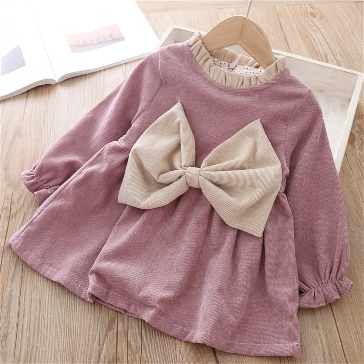 Winter Baby Girl Fleece Dress Bow Soft Standing Neck Solid Color Thickened And Warm Retro Baby Dress