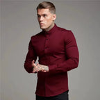Men's Shirt Fashion Full Sleeve Shirt Men's Muscle Casual Slim-fit Business Dress Solid Color Shirt Men's Gym Fitness Men Shirt