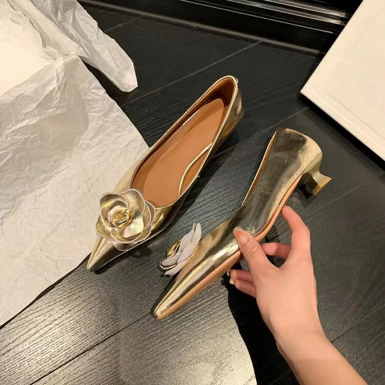 Women Shoes High Heels Loafers Elegant Woman Shoes Low Heels Wedding Bride Pointed Toe Silver Gold Rose Evening Party Shoes