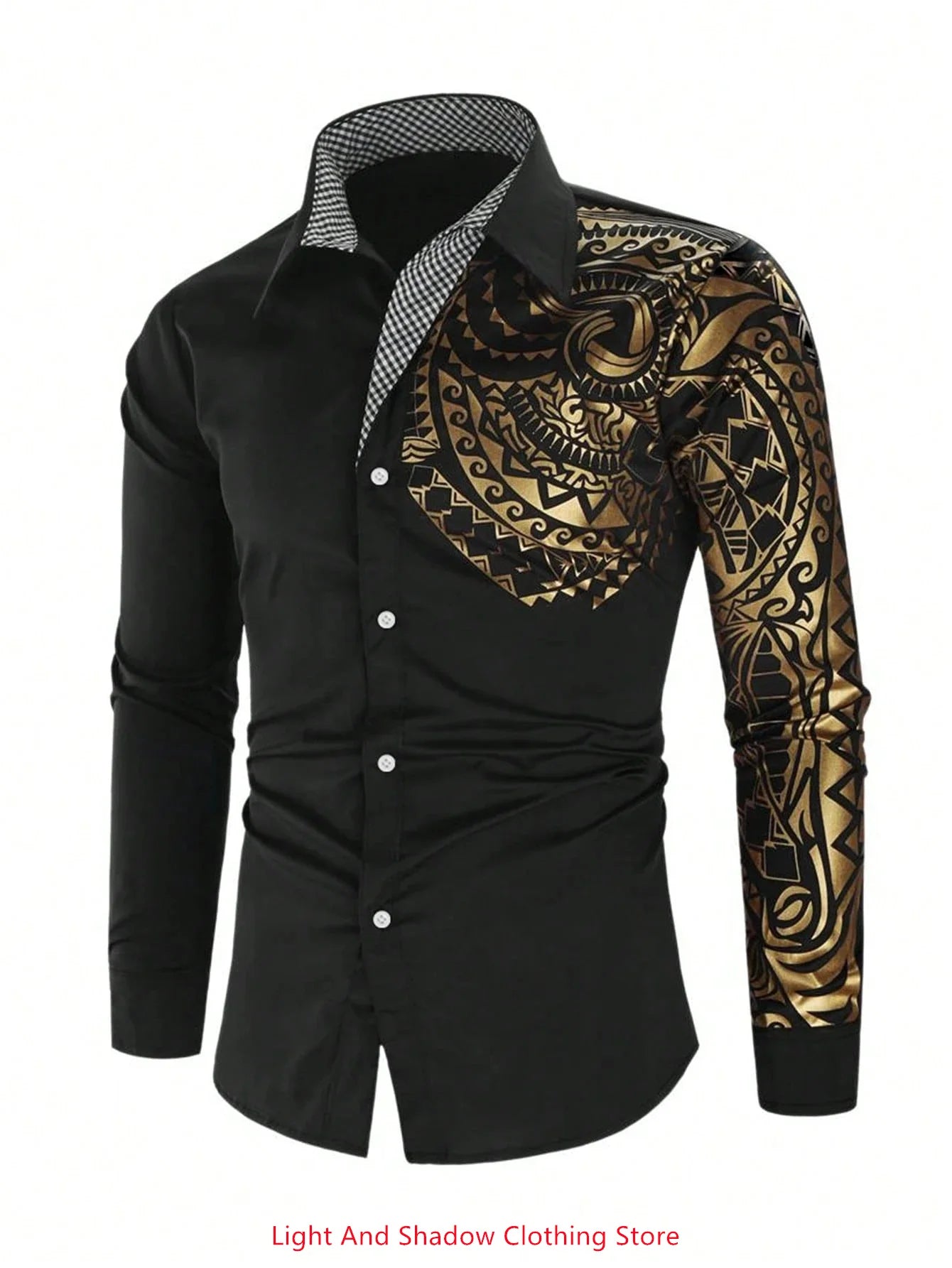 New men's fashionable business casual long sleeved shirt, classic printed collar, social party comfortable men's clothing