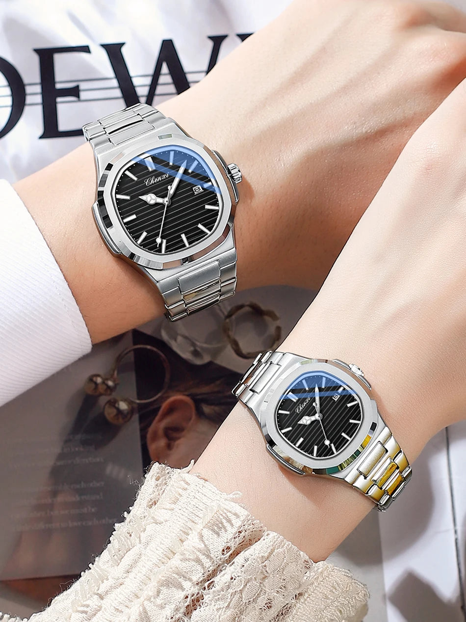 Fashion Couple Watches Men and Women Business Luxury Stainless Steel Quartz Wristwatch Waterproof Luminous Couple Watch Pair Set