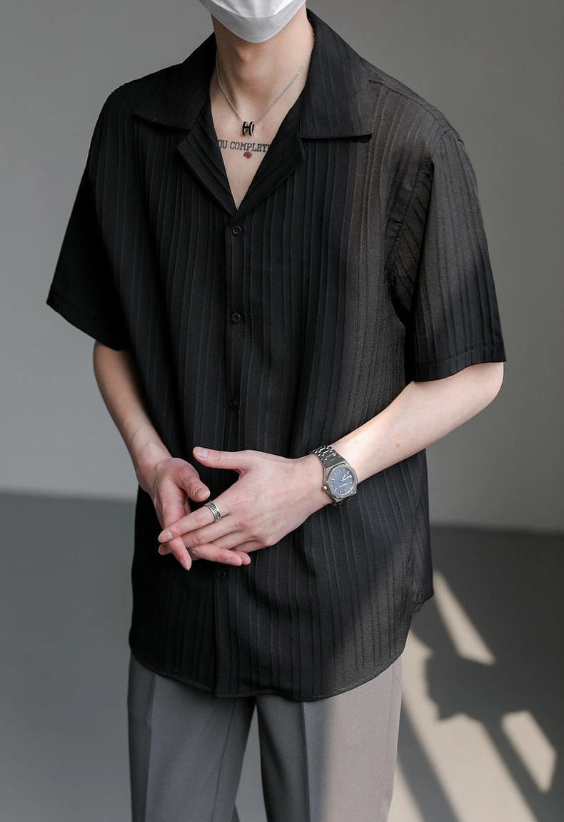 Men's Shirt Black Loose Short Sleeve Male Shirts Designer with Collar High Quality Luxury Sleeves Silk New in Vintage Slim Fit