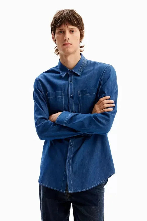 Original Spanish men's shirt with printed embroidery, designer style, light luxury, casual and loose fitting shirt