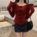 2025 Women's Ruched Long Sleeve Cropped Cardigan V Neck Button Down Knit Lady Autumn Winter Knitted Single Breasted Sweaters