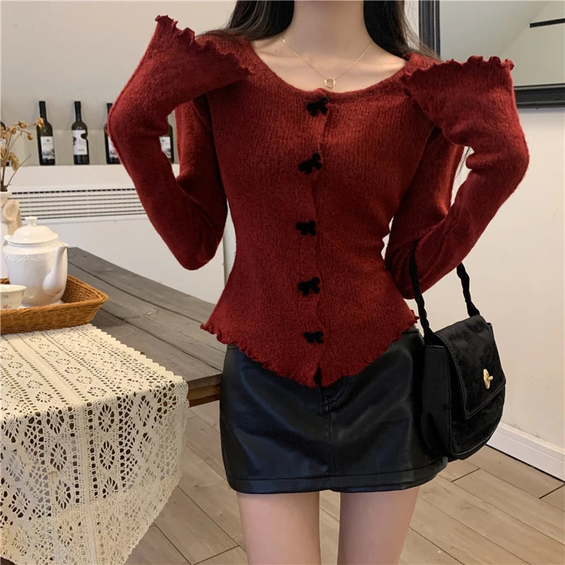2025 Women's Ruched Long Sleeve Cropped Cardigan V Neck Button Down Knit Lady Autumn Winter Knitted Single Breasted Sweaters