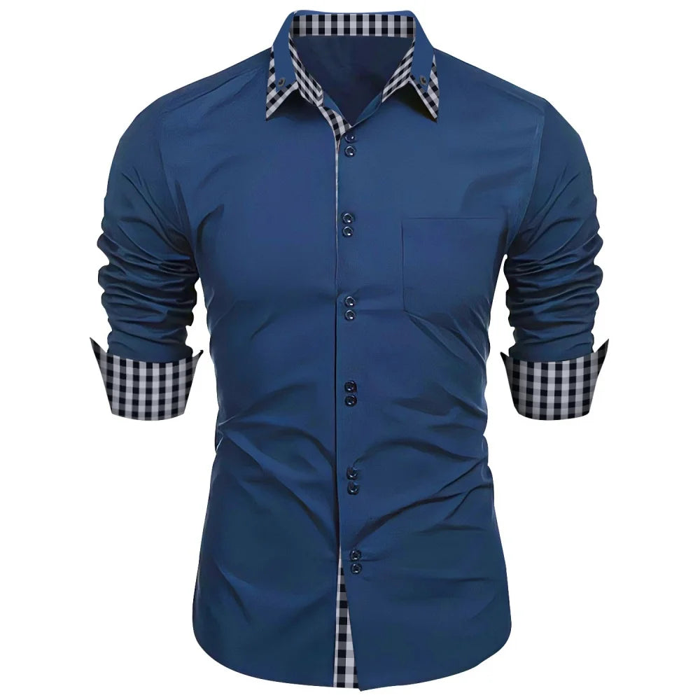New men's shirt - traditional long-sleeved double-breasted plain-colored loose-fitting office shirt - men's business casual top