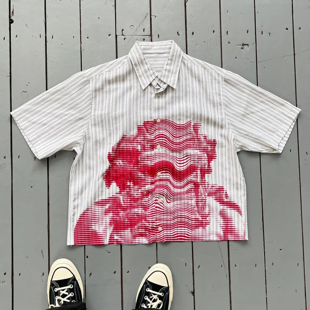 Men's Shirts with Graphic Print  Striped Short Sleeve Tee Y2K Vintage Clothes Oversized Linen Shirt Man