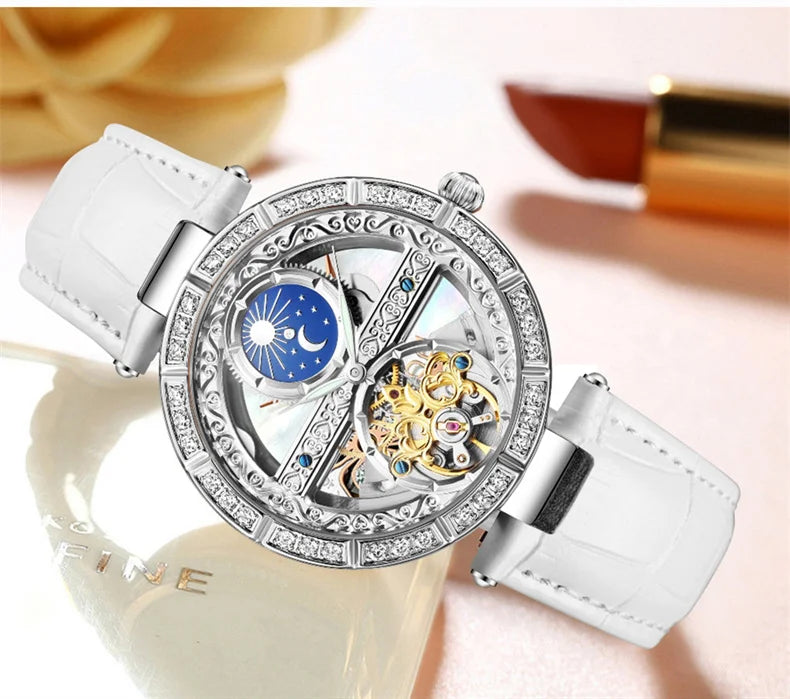 Women Automatic Mechanical Watch Top Brand Luxury Leather Waterproof Watches Ladies Skeleton Tourbillon Clock reloj mujer New