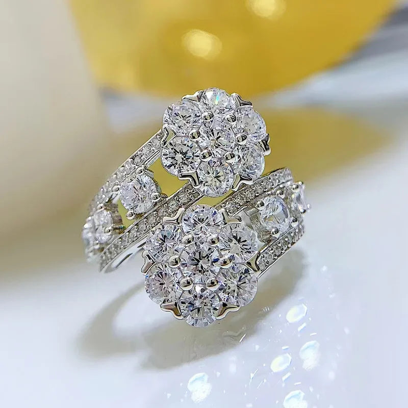 SpringLady  925 Sterling Silver Sparkling Full High Carbon Diamond Flowers Rings For Women Wedding party Fine Jewelry