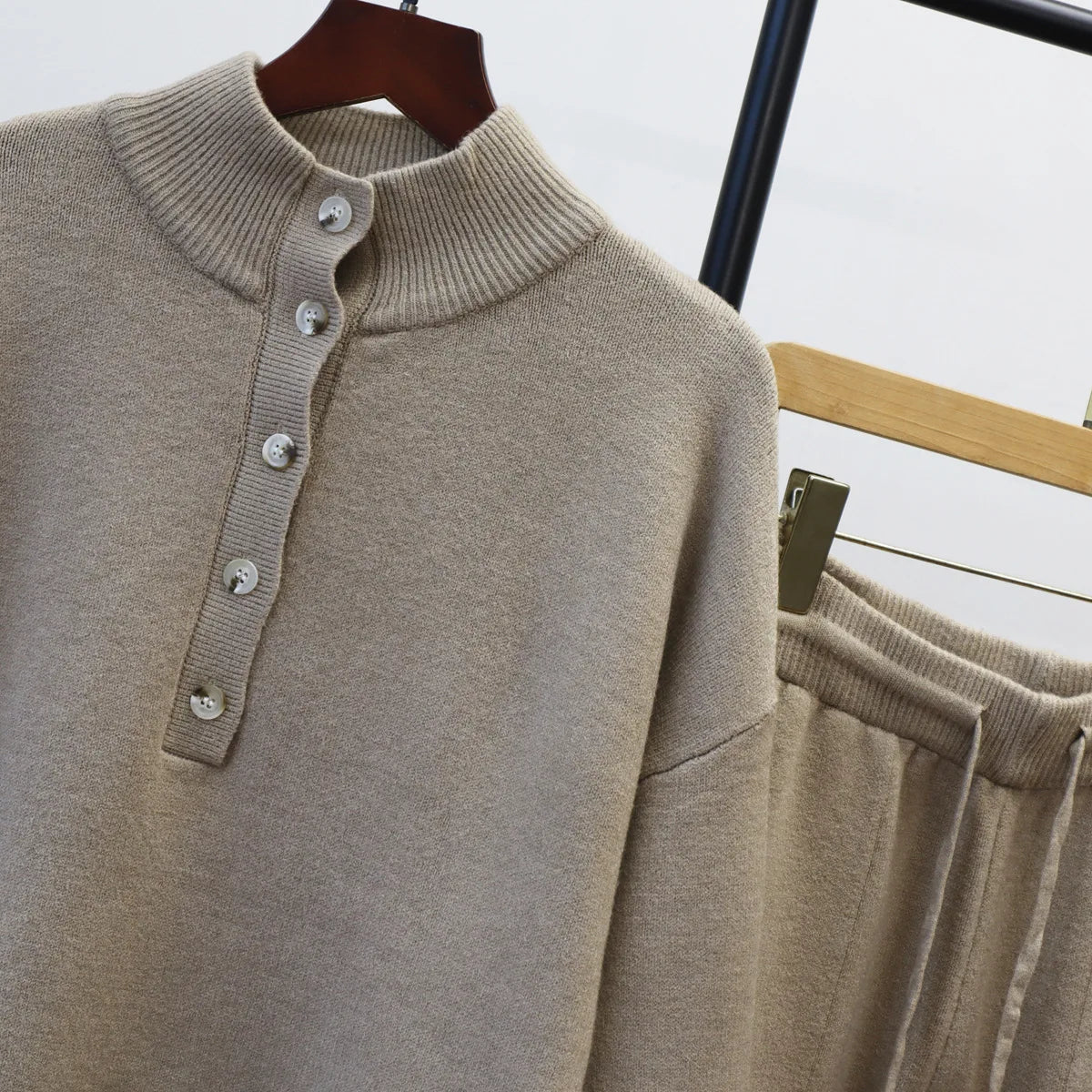 Pant Set Women Two Piece Sets Stand Collar Full Sleeve Knit Tops Wide Leg Long Pants Lace Up Elastic Waist Y2k Streetwear