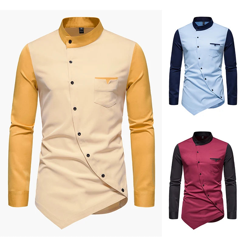 Men Shirt Long Sleeve Personality Diagonal Button Shirts for Men Luxury Designer Irregular Henry Collar Top Grade Tops