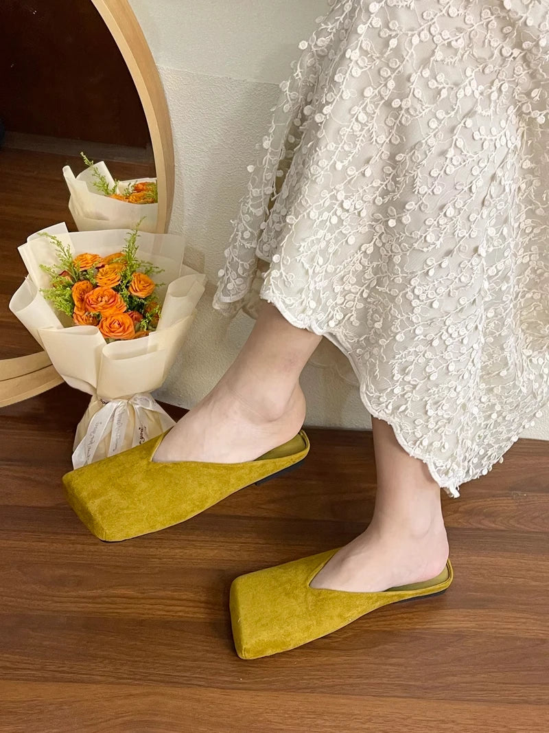 Flats Women Square Toe Slippers Designer Shallow Mule Shoes 2025 Summer New Casual Shoes Fad Brand Walking Soft Femme Chaussures