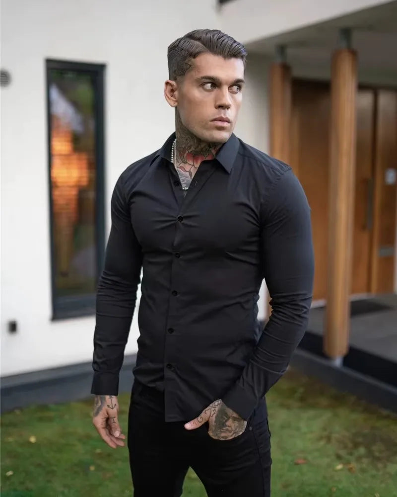 Men's Shirt Fashion Full Sleeve Shirt Men's Muscle Casual Slim-fit Business Dress Solid Color Shirt Men's Gym Fitness Men Shirt