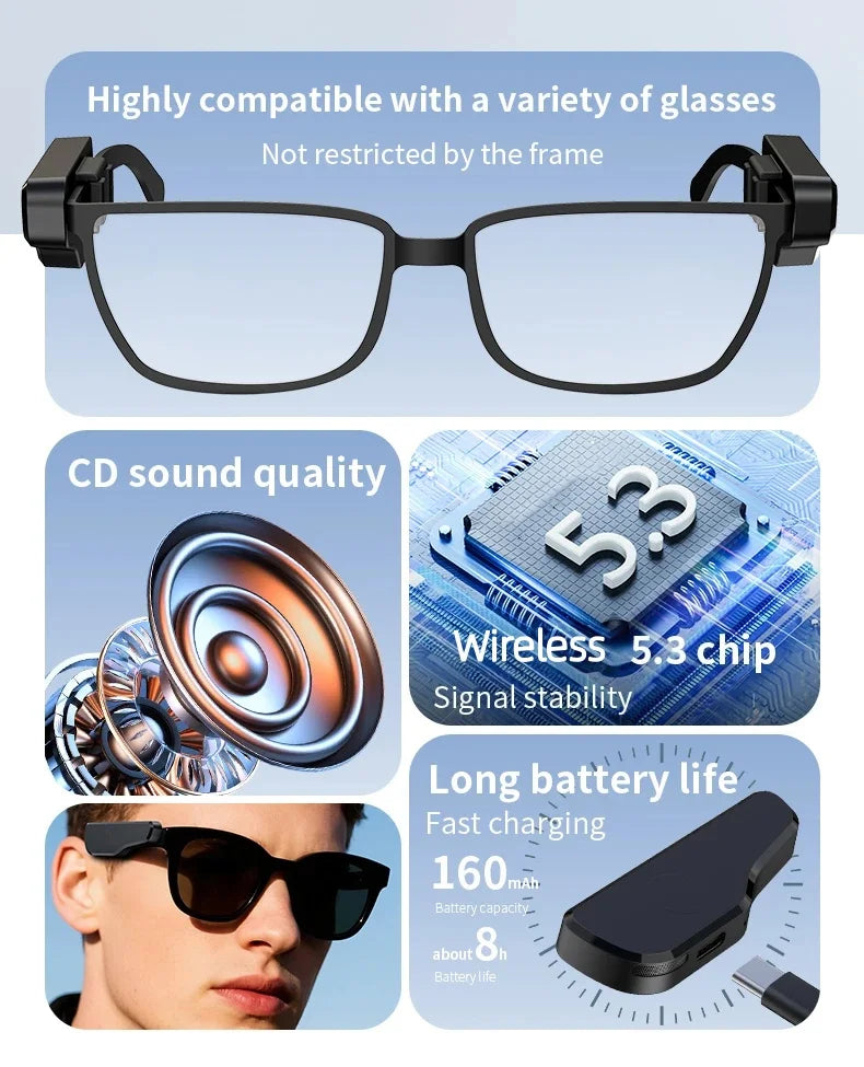 External Earphones For Your Glasses Wireless 5.3 HIFI Music Headphone Control Noise Portable Wireless Headsets Long Battery Life
