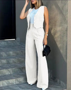 Pant Sets Women Wide Leg Pants Two Piece Suit Single Breasted Vets Sleeveless High Waist Elegant Trousers Pockets Solid Outwear