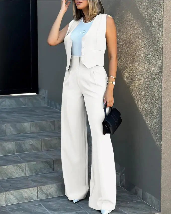 Pant Sets Women Wide Leg Pants Two Piece Suit Single Breasted Vets Sleeveless High Waist Elegant Trousers Pockets Solid Outwear