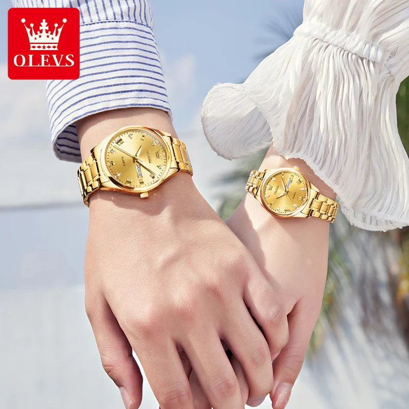 OLEVS Luxury Gold Couple Watches Stainless Steel Original Quartz Watch for Lover Waterproof Luminous Date Week Trend Dress New