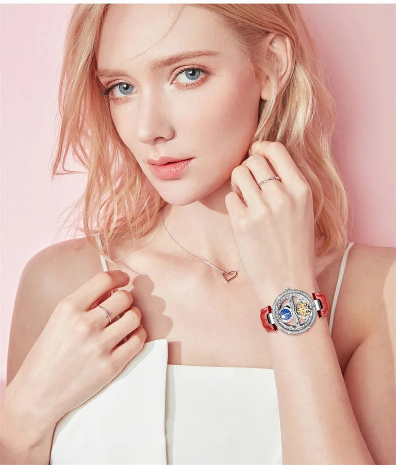 Women Automatic Mechanical Watch Top Brand Luxury Leather Waterproof Watches Ladies Skeleton Tourbillon Clock reloj mujer New