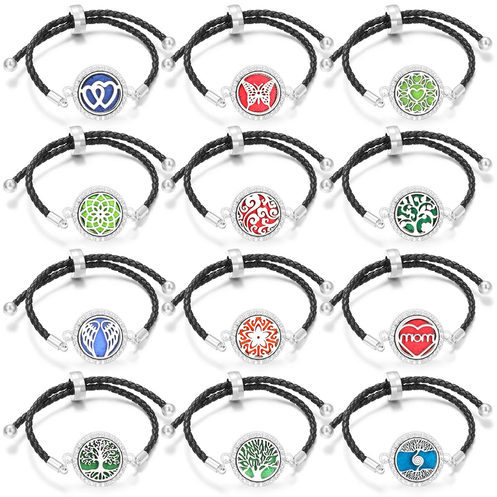 Aromatherapy Diffuser Flowers Rose Women Leather Perfume Bangle Essential Oil Locket Spiral Open Rhinestones Bracelet Jewelry