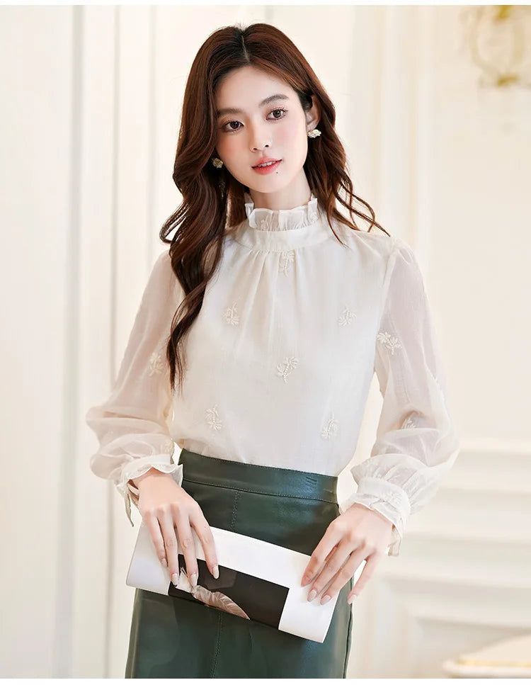 Women Blouse Shirt New Long Sleeve Ruffled Collar Elegant Embroidery Blouse Shirt Women Tops Blouses Shirts Blusas Camisas Q770