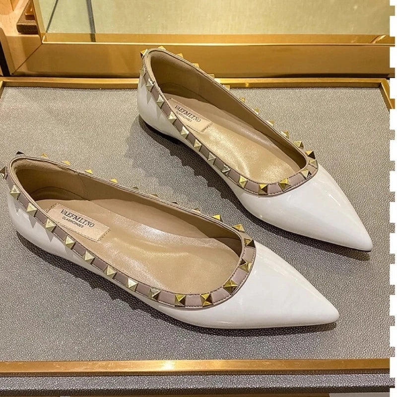 Woman Flats Pointed Toe 2025 Autumn Shallow Mouth Rivets Dress Fashion Flat Shoe Comfortable Patent Leather Outdoor Casual Shoes