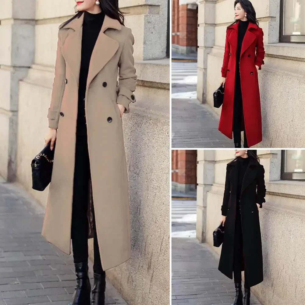 Winter Overcoat Elegant Double-breasted Waist Belt Long Woolen Jacket Fashion Thermal Thick Women Trench Coat Winter Wool Coat