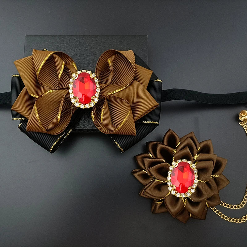 Wedding Bow Tie Corsage Men's Business Banquet Concert Suit Shirts Accessories Jewelry High-end Crystal Collar Flower Brooch Set