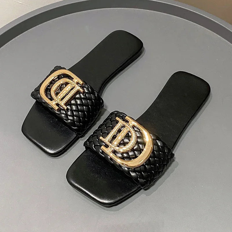 Women Slippers Party Sexy Elegant Slippers Women Luxury Decor Weave Designer Flat Sandals Fashion Open-toe Vacation Slides Women