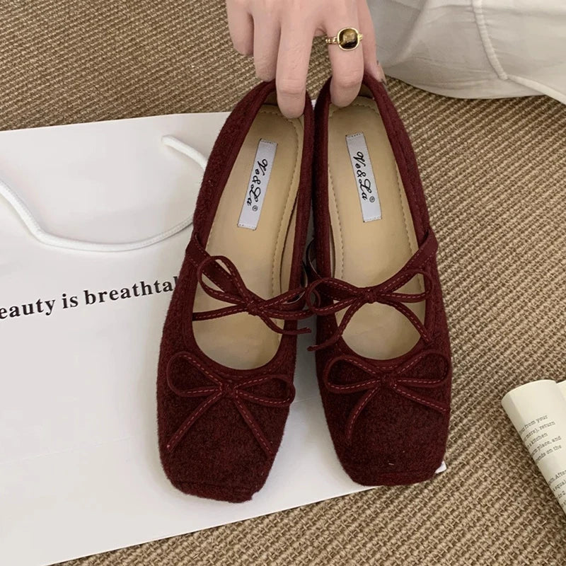 Flats Women's Loafers Shoes Shallow Suede Bow Fashion Shoes Square Toe Casual Dress Autumn 2025 Designer Cozy Zapatos De Mujer